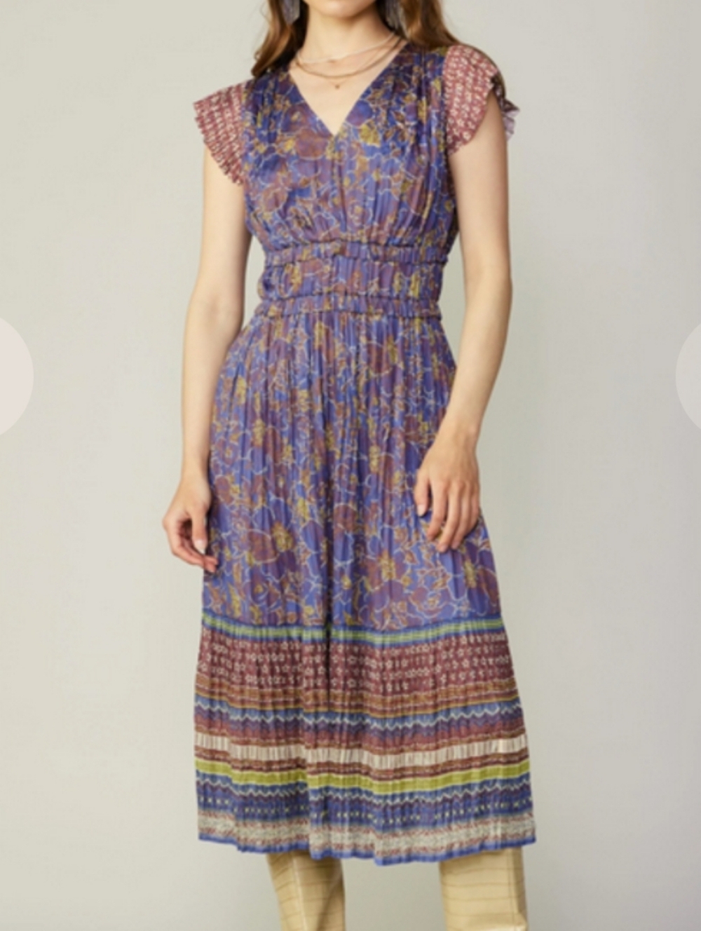 Current Air Pleated Midi Dress In Purple Multi Size Medium